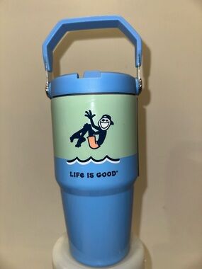 Life Is Good Blue and Light Green Insulated Travel Tumbler with Handle